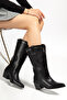 Black Matte Leather Staple Pin Detail Medium Hole Perforated Summer Pointed Toe Western Cowboy Boots - 2