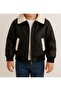 Boy's Black Leather Coat with Plush Collar