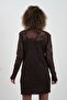 Coffee Floral Patterned Sparkling Tulle Blouse - 5