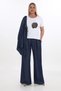 Women's Navy Blue Summer Snap Fastener T-Shirt with Elastic Waist Printed 3-Piece Set - 3