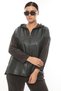 Women's Khaki Winter Zippered Faux Leather Paneled Piece Velvet Set with Elastic Waist - 3