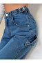 Side Belt Blue Buckle Cargo Pocket Detail Baggy Jeans - 7