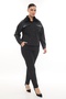 Women's Black Winter Buttoned Fur Collar Pocketed Leather Paneled Striped Top and Bottom Set - 3