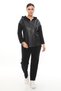 Women's Black Winter Zippered Faux Leather Paneled Piece Velvet Set with Elastic Waist