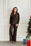 Double-Breasted Collar Pleated Blouse and Trousers Glitter Set - 4