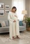 Women's Beige Jacquard Shawl Collar Short Sleeve 2-Piece Special Design Maternity Dressing Gown Nightgown Set - 3