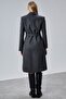 Women's Anthracite Belted Buttoned Long Coat - 4