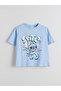 Blue Crew Neck Stitch Printed Girl's T-Shirt