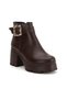 Brown Women's Platform Heeled Boots with Buckle Faux Leather - 4