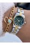 Small Case, with Calendar, Green Yellow Silver Steel Band,Women Wristwatch+Bracelet - 5