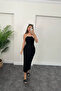 Black Special Series Ottoman Fabric Ribbed Rope Strap Maxi Dress - 6