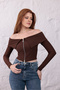 Women's Brown Madonna Collar Full Zip Corded Fabric Crop Blouse - 3