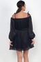 Women's Madonna Collar Shoulder Lace-Up Long Sleeve Lined Chiffon Satin Short Dress - 4