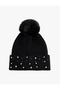Stone Detailed Pompom Folded Knitted Beanie