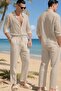 Men's Beige Summer Muslin Shirt and Beige Pants Set - 3