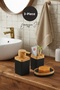 3 Piece Wooden Patterned Bohemian Style Bathroom Set Black (Liquid Soap Dispenser, Solid Soap Dispenser, Toothbrush Holder)