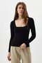 Black Square Collar Long Sleeve Corded Fabric Women's Bodysuit 8267A - 2