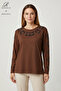 Women's Cinnamon Color Square Patterned Stone Embroidered Slit Lycra Viscose Mother Combed Cotton Blouse