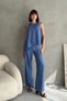 Women's Buckle Detailed Skirt Asymmetrical Blouse Elastic Waist Pocket Palazzo Trousers Linen 2 Piece Set - 3