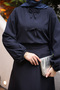 Navy Blue Bow Front Crepe Blouse Skirt Suit - 3