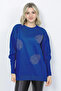 Women's Knitwear Sweater Crew Neck Leaf Patterned Sleeve Rhinestoned Oversize Cobalt Blue - 3