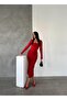 Women's Draped Sandy Lined Tulle Long Dress |   Square Neck Long Sleeve - 2
