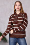 Women's Polo Neck Oversize Striped Zippered Knitwear Sweater Brown - 3