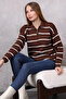 Women's Polo Neck Oversize Striped Zippered Knitwear Sweater Brown - 5