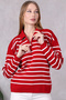 Women's Polo Neck Oversize Striped Zippered Knitwear Sweater Red