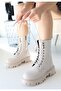 Neole Beige Lace-Up Zippered Women's Boots - 7