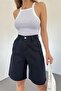 Women's High Waist Bermuda Wide Leg Denim Shorts Black - 3