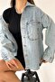 Women's Oversize Long Sleeve Double Pocket Snow Washed Jacket Shirt Light Blue - 3