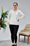 Women's Polo Neck Oversize Floral Embroidered Sweater Ecru - 5