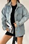 Women's Oversize Long Sleeve Double Pocket Snow Washed Jacket Shirt Light Blue - 2