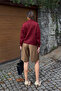 Women's Crew Neck Stone Embroidered Buttoned Cardigan Burgundy - 7