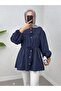 Stone Buttoned Shirt with Elasticized Sleeves and Tie Detail - Navy - 6