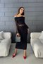 Women's Madonna Collar Slit Tulle Detailed Long Dress Black - 4