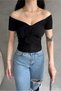Women's Short Sleeve Boat Neck Floral Detailed Crop Blouse Black - 2