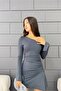 Women's Asymmetrical Collar Long Sleeve Deep Slit Mini Dress Smoked - 4