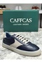 Genuine Leather Navy Blue Beige Combination Handmade Sneaker Men's Shoes 03-300