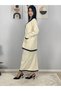 Women's Striped Detail Gold Buttoned Oversized Cardigan Skirt Set - 3
