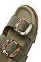 Women's Green Double Buckle Suede Leather Slippers 25Sfd 200710 - 8
