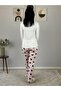 Women's Cat Motif Heart Patterned Pajama Set (Burgundy-White) - 7