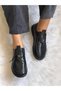 Gold Genuine Leather Buckle Detailed Women's Loafer-Black Leather