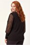 Women's Wide Size Sleeves Transparent Suede Branch Detail Black Blouse - 7