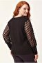 Women's Large Size Transparent Mesh Sleeve Detailed Black Blouse - 6