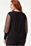 Women's Large Size Transparent Stripe Sleeve Detailed Black Blouse - 6