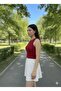 Burgundy Halter Neck Crop Top Darkalıp Ribbed Thin Bias Bustier - 8