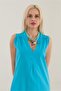 Women's Turquoise Color Pocketed Linen Look Cotton Dress - 6