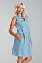 Women's Printed Pocket Linen Look Woven Cotton Dress Blue Geometric Pattern - 4